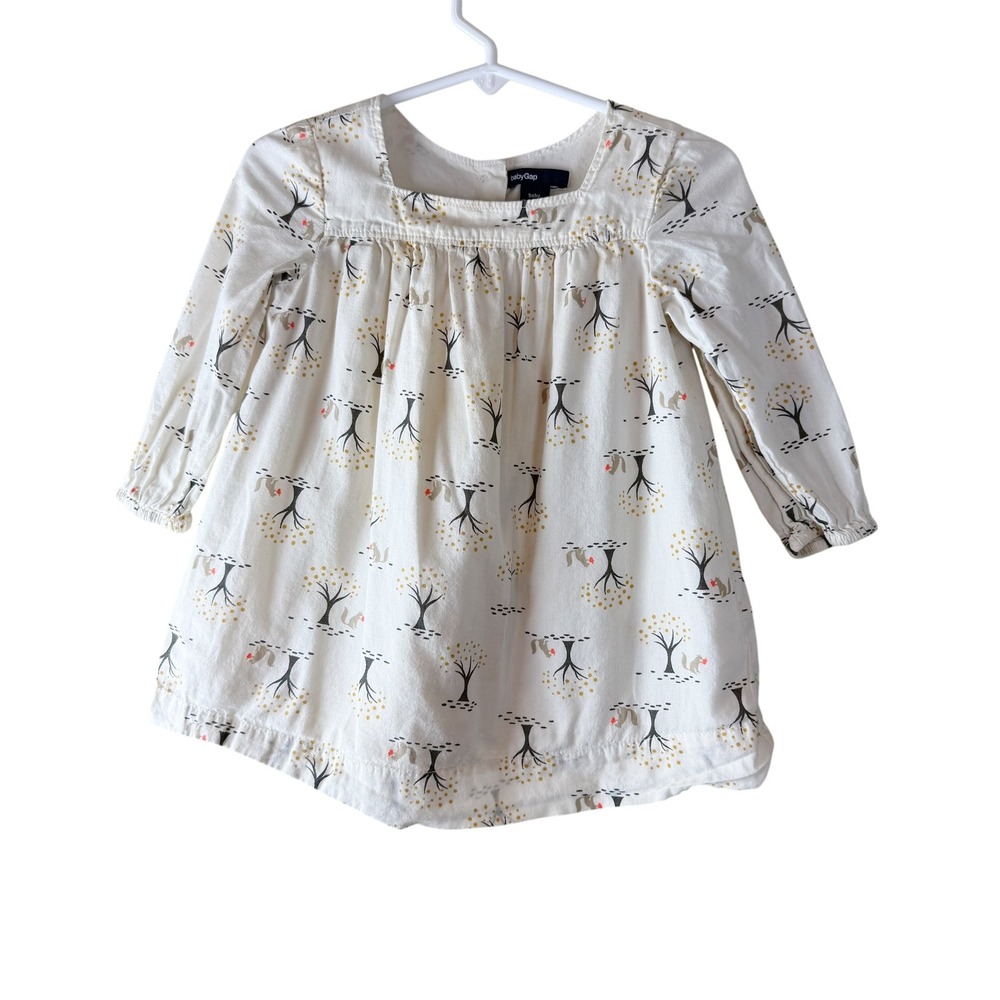 Baby Gap Dress 12-18 Months White Squirrel Tree Print Long Sleeve Casual‎